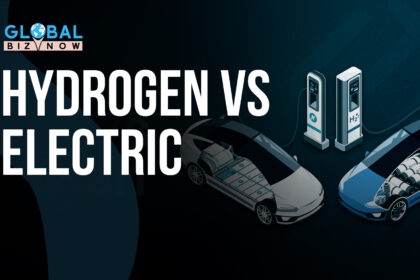 llustration comparing hydrogen fuel cell vehicles and electric vehicles (EVs) with charging stations, showcasing the technology behind sustainable automotive solutions.