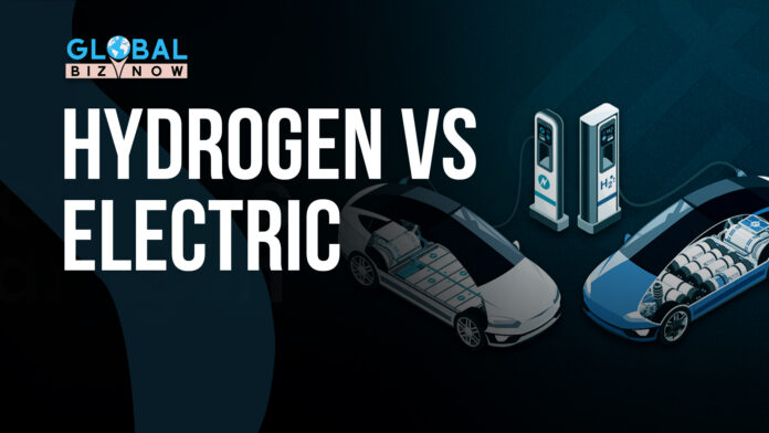 llustration comparing hydrogen fuel cell vehicles and electric vehicles (EVs) with charging stations, showcasing the technology behind sustainable automotive solutions.