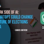 Person casting a vote in an Indian election booth with ChatGPT logo and text overlay discussing AI's impact on elections in India.