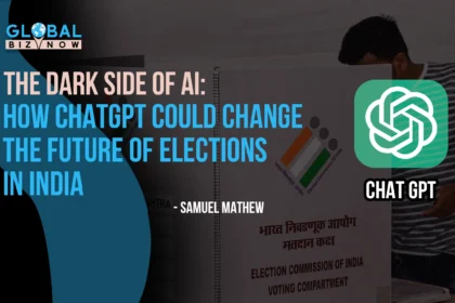 Person casting a vote in an Indian election booth with ChatGPT logo and text overlay discussing AI's impact on elections in India.