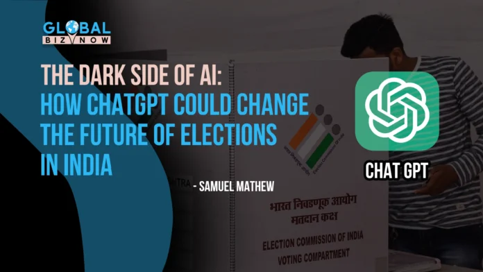 Person casting a vote in an Indian election booth with ChatGPT logo and text overlay discussing AI's impact on elections in India.