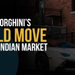 Lamborghini's marketing image for entering the Indian market, showing a white Lamborghini parked outside a brick building with the title "LAMBORGHINI'S BOLD MOVE INTO INDIAN MARKET" displayed at the top.