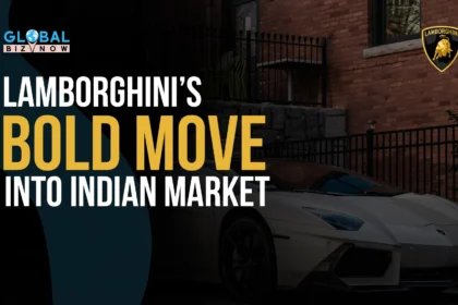 Lamborghini's marketing image for entering the Indian market, showing a white Lamborghini parked outside a brick building with the title "LAMBORGHINI'S BOLD MOVE INTO INDIAN MARKET" displayed at the top.
