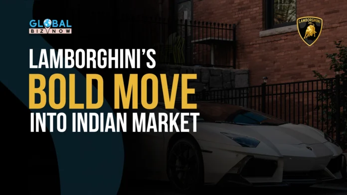 Lamborghini's marketing image for entering the Indian market, showing a white Lamborghini parked outside a brick building with the title 