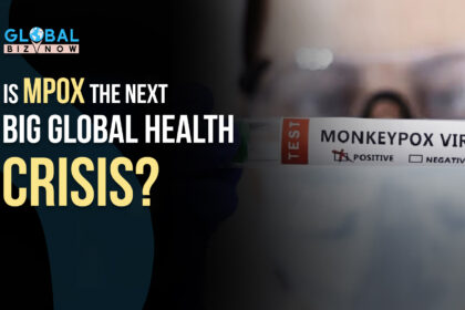 Mpox virus test tube showing positive result, with the text 'Is Mpox the Next Big Global Health Crisis?' alongside the GlobalBizNow logo.