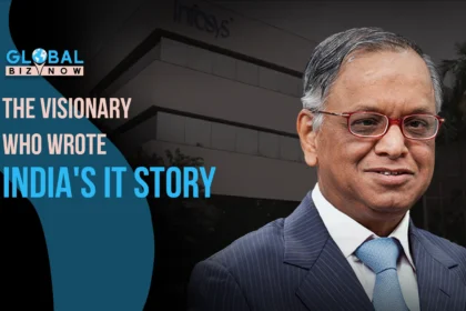 Portrait of N. R. Narayana Murthy with Infosys building in the background, highlighting his contributions to India's IT industry.