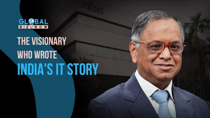 Portrait of N. R. Narayana Murthy with Infosys building in the background, highlighting his contributions to India's IT industry.