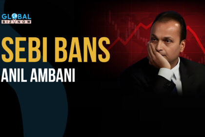 SEBI bans Anil Ambani with declining stock market graph in background