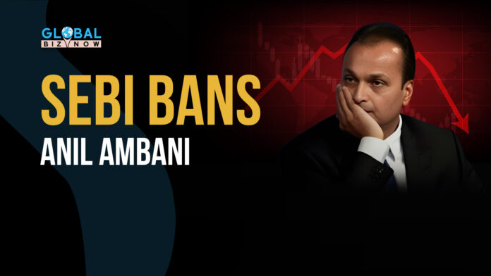 SEBI bans Anil Ambani with declining stock market graph in background