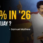 Actor Vijay giving a speech with 26% in '26 headline on Global Biz Now