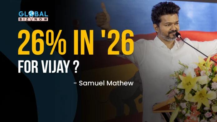 Actor Vijay giving a speech with 26% in '26 headline on Global Biz Now