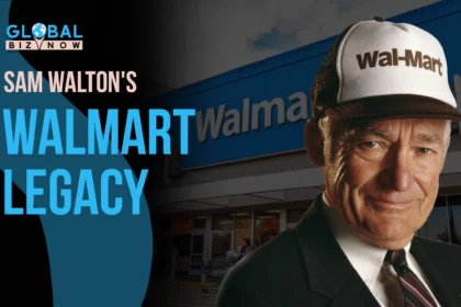 Sam Walton's portrait in front of a Walmart store, representing his legacy at Walmart, featured on Global Biz Now.