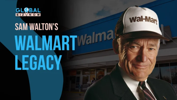 Sam Walton's portrait in front of a Walmart store, representing his legacy at Walmart, featured on Global Biz Now.