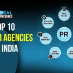 Graphic displaying "Top 10 PR Agencies in India" with a central "PR" circle connected to various PR services such as Reputation Management, Crisis Management, Media Relations, Internal Copywriting, Social Media, Media Training, and Press Release.