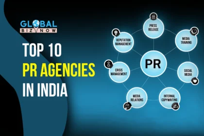 Graphic displaying "Top 10 PR Agencies in India" with a central "PR" circle connected to various PR services such as Reputation Management, Crisis Management, Media Relations, Internal Copywriting, Social Media, Media Training, and Press Release.