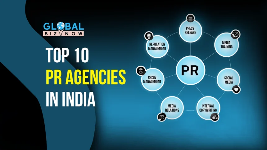 Graphic displaying "Top 10 PR Agencies in India" with a central "PR" circle connected to various PR services such as Reputation Management, Crisis Management, Media Relations, Internal Copywriting, Social Media, Media Training, and Press Release.