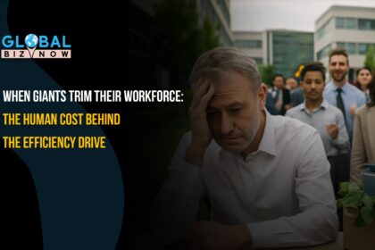 Image depicting the impact of Big Tech layoffs, showcasing an office environment with empty desks, symbolizing the emotional toll of job cuts and the push for efficiency over empathy in corporate restructuring.