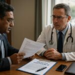 Realistic image of India’s health insurance sector concept showing medical cost inflation, hospitals, insurance documents, and policy analysis visuals