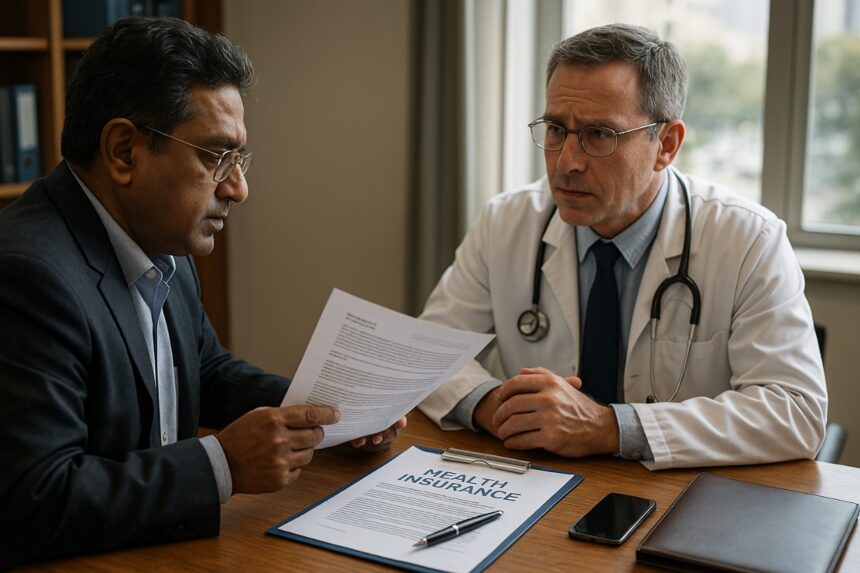 Realistic image of India’s health insurance sector concept showing medical cost inflation, hospitals, insurance documents, and policy analysis visuals