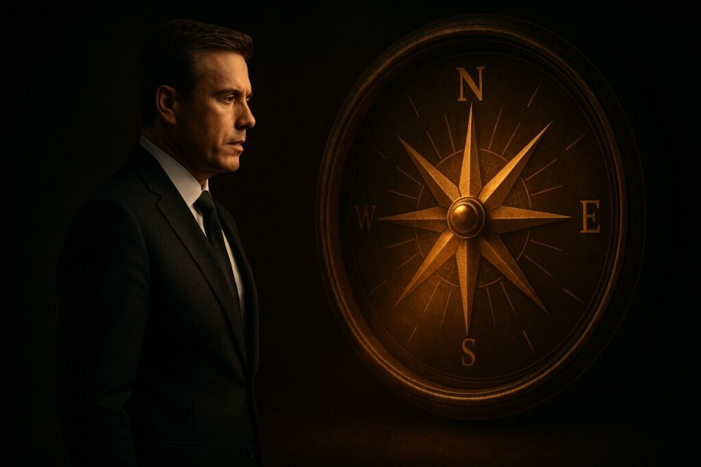 CEO silhouette facing compass symbolising core values guiding leadership decisions