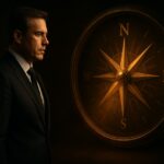 CEO silhouette facing compass symbolising core values guiding leadership decisions