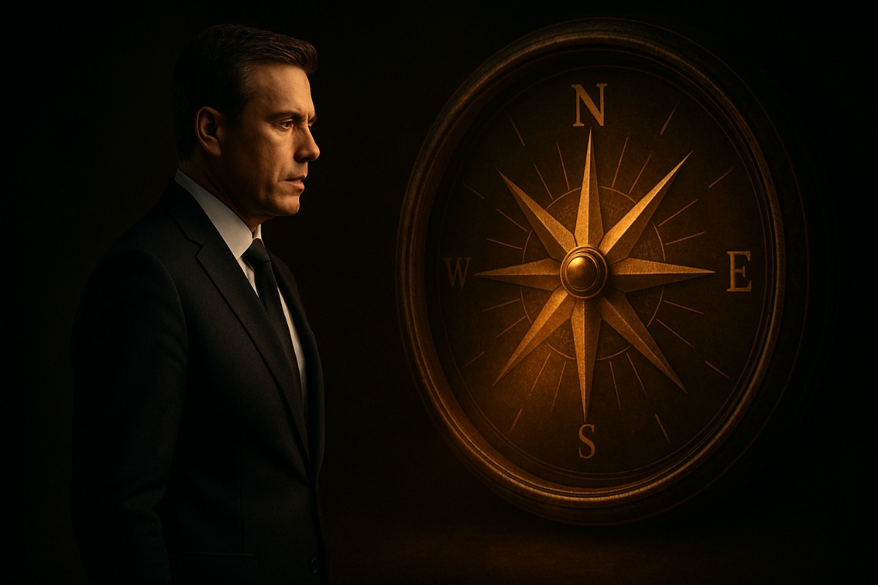 CEO silhouette facing compass symbolising core values guiding leadership decisions