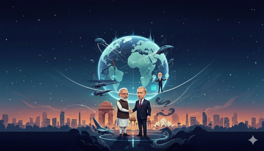 Vladimir Putin and Narendra Modi during the 2025 India-Russia Annual Summit, highlighting their strategic partnership in defense, energy, and geopolitics.