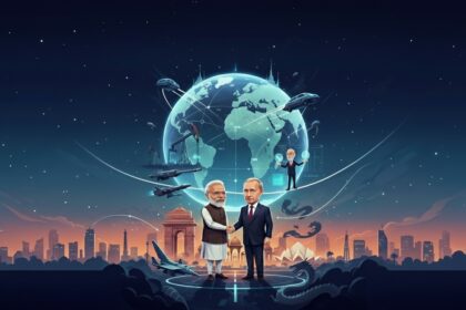 Vladimir Putin and Narendra Modi during the 2025 India-Russia Annual Summit, highlighting their strategic partnership in defense, energy, and geopolitics.