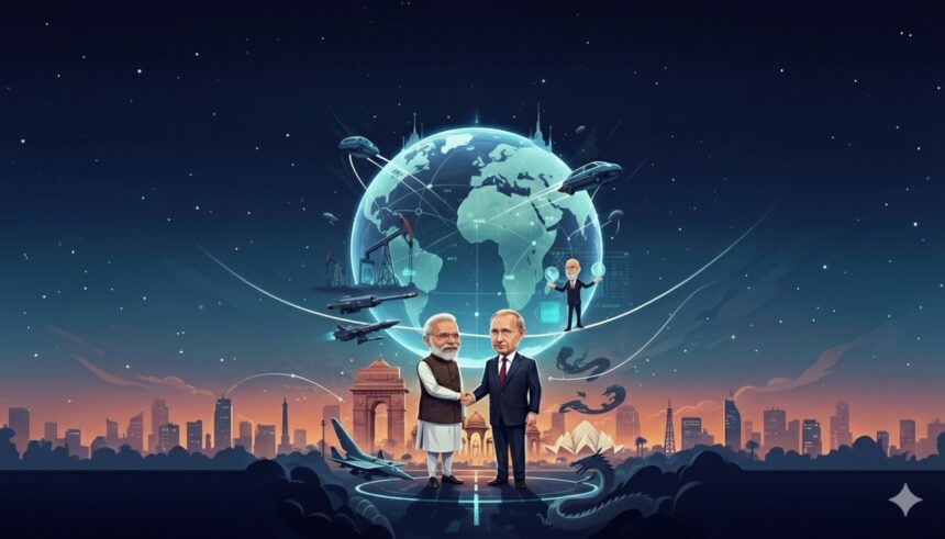 Vladimir Putin and Narendra Modi during the 2025 India-Russia Annual Summit, highlighting their strategic partnership in defense, energy, and geopolitics.